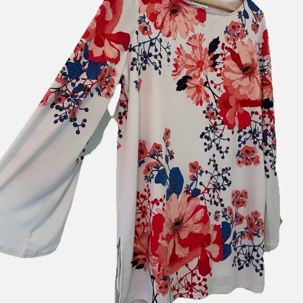 Women's Medium Floral Soft Flowy Stretch Rhinestone Relaxed Work Casual Blouse - Picture 2 of 4